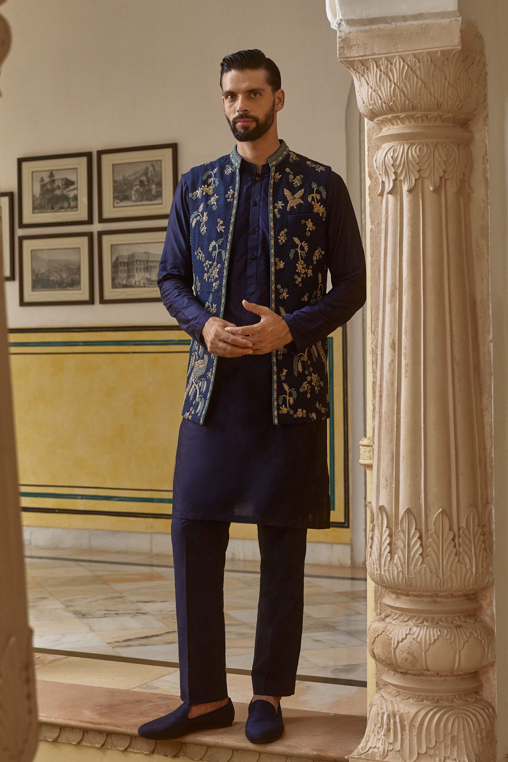 Azar Embroidered Silk Nehru Jacket - Navy Blue